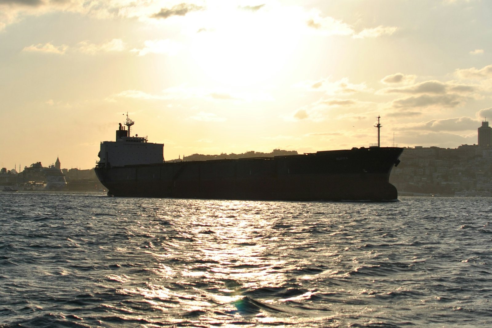Cargo vessel at sunset off Istanbul